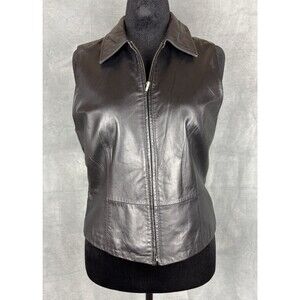 Apt 9 Lambskin Leather Vest Women's Large Black Collared Zip-Up Biker Mimimalist